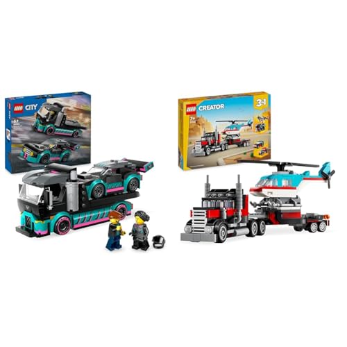 LEGO City Autotransporter mit Rennwagen, LKW-Spielzeug mit Verstellbarer Laderampe und Renn-Auto & Creator 3in1 Tieflader mit Hubschrauber, Fahrzeuge-Set mit Helikopter- und LKW-Spielzeug LEGO City Autotransporter mit Rennwagen, LKW-Spielzeug mit Verstellbarer Laderampe und Renn-Auto & Creator 3in1 Tieflader mit Hubschrauber, Fahrzeuge-Set mit Helikopter- und LKW-Spielzeug von LEGO