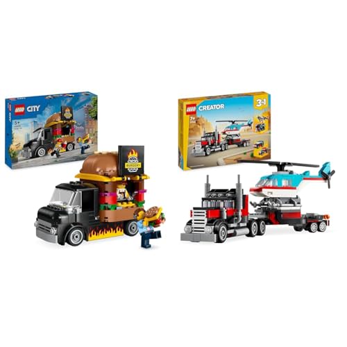 LEGO City Burger-Truck, Bauset mit Spielzeug-Auto für 5-jährige Kinder & Creator 3in1 Tieflader mit Hubschrauber, Fahrzeuge-Set mit Helikopter- und LKW-Spielzeug LEGO City Burger-Truck, Bauset mit Spielzeug-Auto für 5-jährige Kinder & Creator 3in1 Tieflader mit Hubschrauber, Fahrzeuge-Set mit Helikopter- und LKW-Spielzeug von LEGO