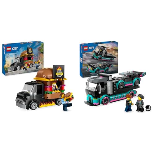 LEGO City Burger-Truck & City Autotransporter mit Rennwagen, LKW-Spielzeug mit Verstellbarer Laderampe und Renn-Auto, Bauset mit 2 Minifiguren, Rennfahrer und LKW-Fahrer, Kinder ab 6 Jahren 60406 LEGO City Burger-Truck & City Autotransporter mit Rennwagen, LKW-Spielzeug mit Verstellbarer Laderampe und Renn-Auto, Bauset mit 2 Minifiguren, Rennfahrer und LKW-Fahrer, Kinder ab 6 Jahren 60406 von LEGO