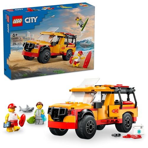 LEGO City Einsatzfahrzeug der Rettungsschwimmer - Geländewagen Spielzeug mit 2 Minifiguren und Hai - Bauset für Mädchen und Jungen ab 6 Jahren - Geschenkidee für Surfer und Wassersportfans 60453 von LEGO