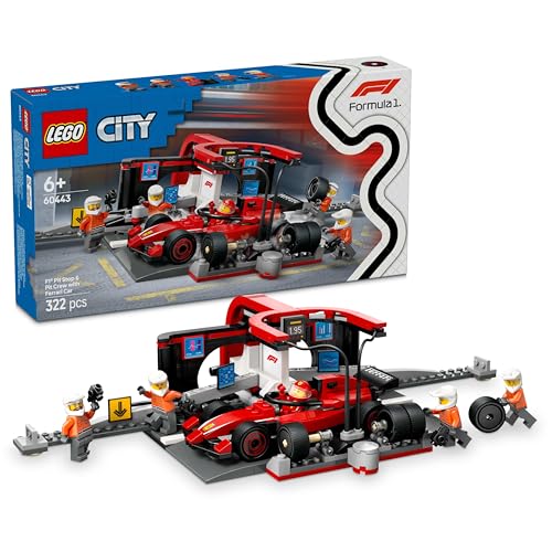 LEGO City F1 Boxenstopp mit Boxencrew und Ferrari Flitzer - Formel 1 Pit Stop Set mit 1 Rennfahrer und 4 Mechaniker Minifiguren - Spielzeug Rennauto für Jungen und Mädchen ab 6 Jahren - 60443 von LEGO