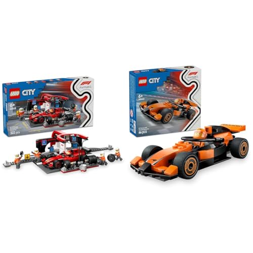 LEGO City F1 Boxenstopp & Boxencrew mit Ferrari-Spielzeug + F1-Fahrer mit McLaren-Rennfahrer-Minifigur für Jungen & Mädchen oder erwachsene Motorsport-Fans 60443 + 60442 von LEGO