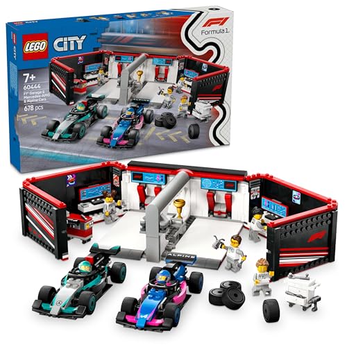 LEGO City F1 Garage mit Mercedes-AMG & Alpine Rennautos - Spielzeug Formel 1 Rennwagen mit 2 Rennfahrern & 4 Mechaniker Minifiguren - Geschenk für Jungen & Mädchen ab 7 Jahren und Fans 60444 von LEGO