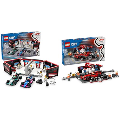 LEGO City F1 Garage & Mercedes-AMG & Alpine Autos + F1 Boxenstopp & Boxencrew mit Ferrari-Spielzeug 60444 + 60443 von LEGO