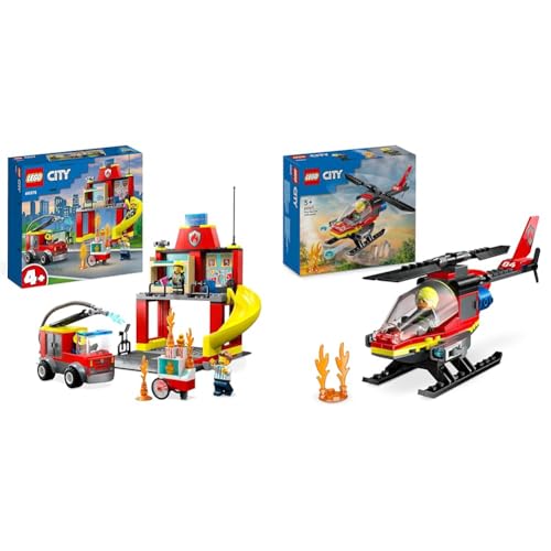 LEGO City Feuerwehr Feuerwehrstation und Löschauto, Lernspielzeug für Kinder ab 4 Jahren & City Feuerwehrhubschrauber, Set mit Hubschrauber-Spielzeug und Pilot-Figur von LEGO