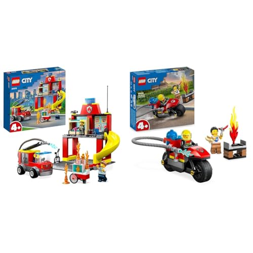 LEGO City Feuerwehr Feuerwehrstation und Löschauto, Lernspielzeug für Kinder ab 4 Jahren & City Feuerwehrmotorrad, Feuerwehr-Spielzeug von LEGO