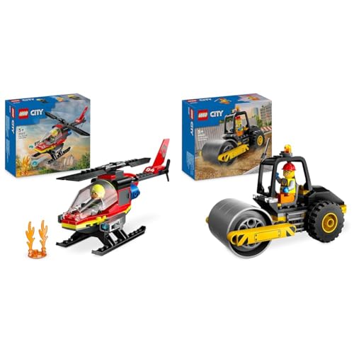 LEGO City Feuerwehrhubschrauber, Set mit Hubschrauber-Spielzeug und Pilot-Figur & City Straßenwalze, Baustellenfahrzeug für Kinder ab 5 Jahren LEGO City Feuerwehrhubschrauber, Set mit Hubschrauber-Spielzeug und Pilot-Figur & City Straßenwalze, Baustellenfahrzeug für Kinder ab 5 Jahren von LEGO