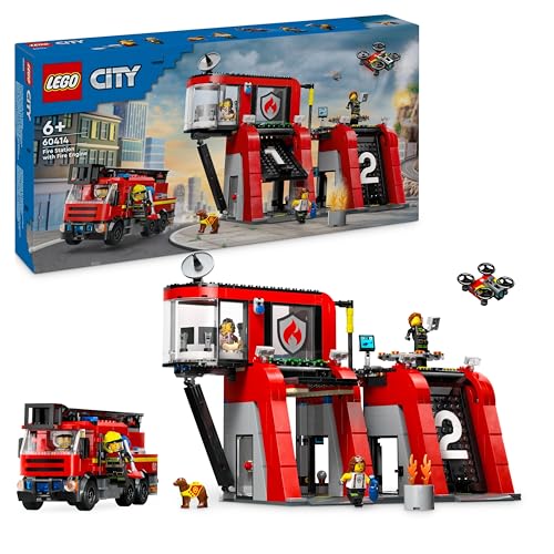 LEGO City Feuerwehrstation mit Drehleiterfahrzeug, Feuerwehr-Spielzeug mit Feuerwache und Feuerwehrauto, Geburtstagsgeschenk für Kinder ab 6 Jahren, Set mit Hund und 5 Minifiguren 60414 von LEGO