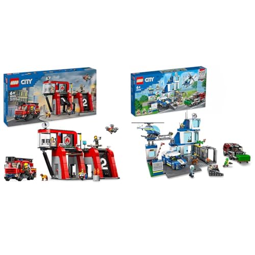 LEGO City Feuerwehrstation mit Drehleiterfahrzeug, Feuerwehr-Spielzeug & City Polizeistation mit Polizeiauto, Müllauto und Hubschrauber LEGO City Feuerwehrstation mit Drehleiterfahrzeug, Feuerwehr-Spielzeug & City Polizeistation mit Polizeiauto, Müllauto und Hubschrauber von LEGO