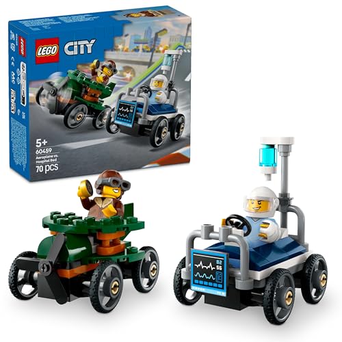 LEGO City Flugzeug vs. Krankenhausbett Rennwagen Set - Seifenkisten Spielzeug für Jungen und Mädchen ab 5 Jahren - Bauset mit 2 Minifiguren - Geschenk zum Geburtstag & für die Feiertage 60459 von LEGO