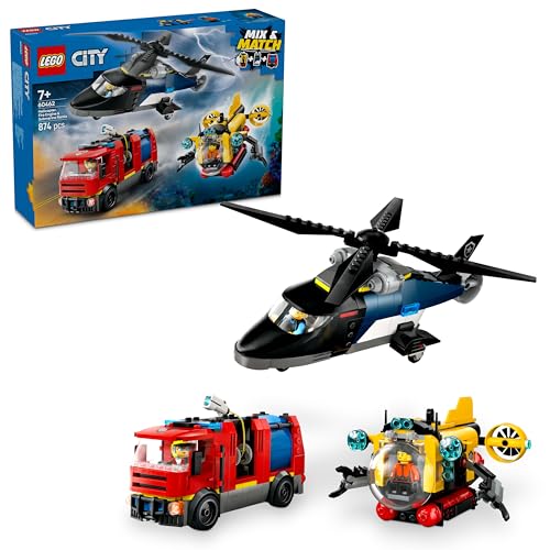 LEGO City Kombinationsset mit Hubschrauber, Löschauto und U-Boot und 3 Minifiguren - Baubare Spielzeug Fahrzeuge für Jungen und Mädchen ab 7 Jahren - Geschenk zum Geburtstag & für die Feiertage 60462 von LEGO