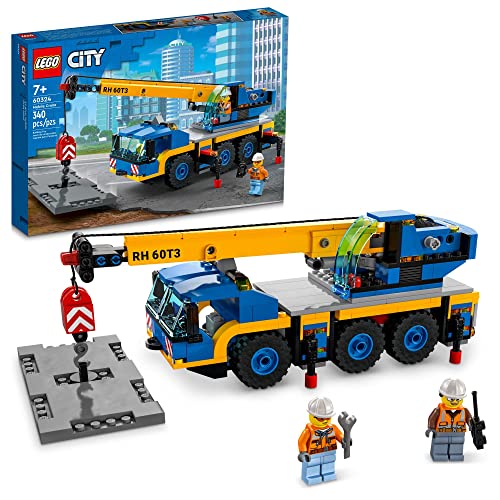 LEGO City Mobile Crane 60324 Building Kit; Toy Construction Vehicle with Working Boom, Outriggers and Winch System; Includes Driver and Worker Minifigures; for Boys and Girls Aged 7+ (340 Pieces) von LEGO