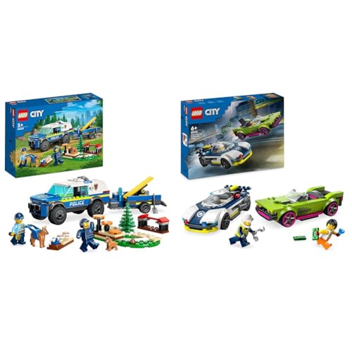 LEGO City Mobiles Polizeihunde-Training, Polizeiauto-Spielzeug mit Anhänger & City Verfolgungsjagd mit Polizeiauto und Muscle Car, Auto-Spielezug von LEGO