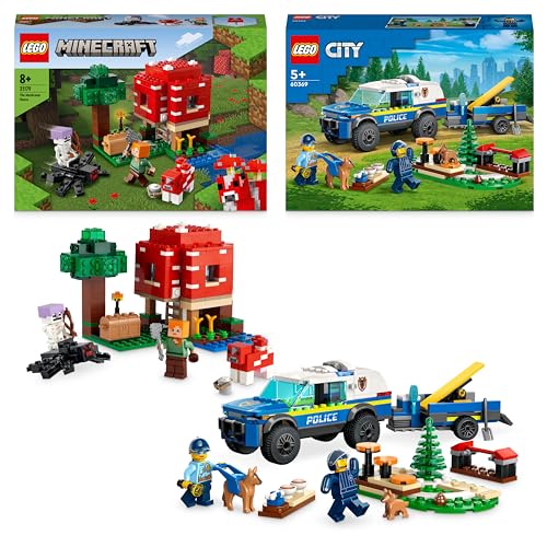 LEGO Tier-Bundle: City Mobiles Polizeihunde-Training (60369) und Minecraft Das Pilzhaus (21179), mit Hund-, Welpen- & Spinnenfiguren, Spielzeug-Polizeiauto, Ostergeschenk für Kinder, Jungen & Mädchen von LEGO