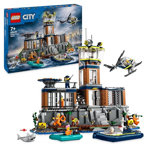 LEGO City Polizeistation auf der Gefängnisinsel, Polizei-Spielzeug mit Hubschrauber, Boot und Hai, Set mit 7 Minifiguren und Hund, Geschenk zum Geburtstag für Jungen und Mädchen ab 7 Jahren 60419 von LEGO