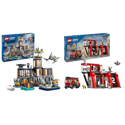 LEGO City Polizeistation auf der Gefängnisinsel, Polizei-Spielzeug mit Hubschrauber & City Feuerwehrstation mit Drehleiterfahrzeug, Feuerwehr-Spielzeug von LEGO