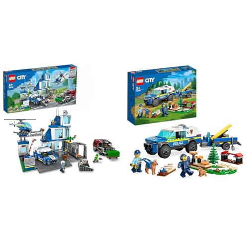 LEGO City Polizeistation mit Polizeiauto, Müllauto und Hubschrauber & City Mobiles Polizeihunde-Training, Polizeiauto-Spielzeug mit Anhänger von LEGO