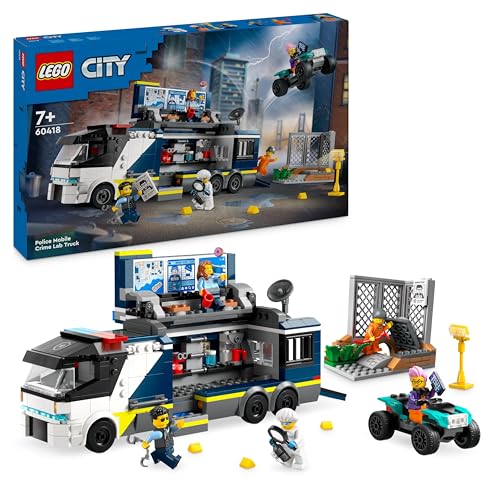 LEGO City Polizeitruck mit Labor, Polizei-Set mit Quad und LKW-Spielzeug für Kinder, Geschenk für Jungs und Mädchen ab 7 Jahre, plus 5 Minifiguren – 2 Polizisten, 1 Wissenschaftler und 2 Ganoven 60418 von LEGO