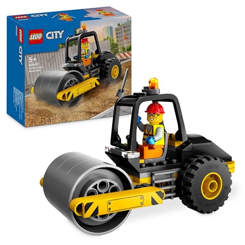 LEGO City Straßenwalze, Baustellenfahrzeug für Kinder ab 5 Jahren, Dampfwalze-Spielzeug mit Bauarbeiter-Minifigur, fantasievolles Spielerlebnis für Jungs und Mädchen, kleines, lustiges Geschenk 60401 von LEGO