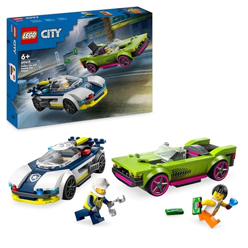 LEGO City Verfolgungsjagd mit Polizeiauto und Muscle Car, Auto-Spielezug mit 2 Rennautos, Polizei-Geschenk für Kinder, Jungs und Mädchen ab 6 Jahren, Set mit Polizist und Ganovin-Minifiguren 60415 von LEGO