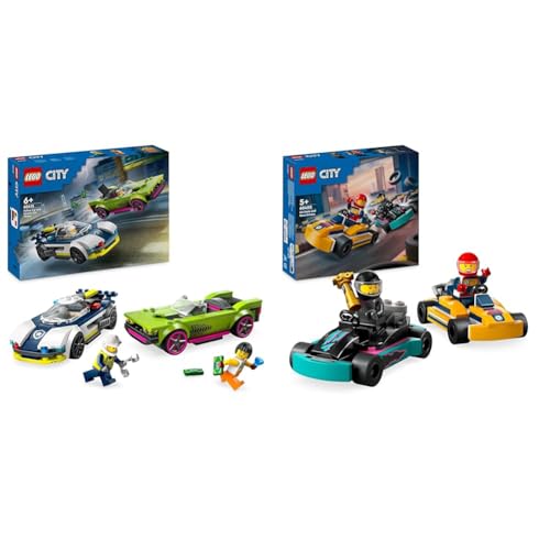 LEGO City Verfolgungsjagd mit Polizeiauto und Muscle Car, Auto-Spielezug mit 2 Rennautos & City Go-Karts mit Rennfahrern, Set mit 2 Rennfahrer-Minifiguren und Rennautos von LEGO