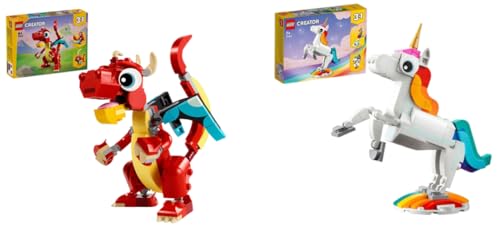 LEGO Creator 3in1 Roter Drache, Spielzeug mit 3 Tierfiguren inkl. Roter Drache & Creator 3in1 Magisches Einhorn Spielzeug, Seepferdchen, Pfau, Regenbogen-Einhorn-Tierfiguren LEGO Creator 3in1 Roter Drache, Spielzeug mit 3 Tierfiguren inkl. Roter Drache & Creator 3in1 Magisches Einhorn Spielzeug, Seepferdchen, Pfau, Regenbogen-Einhorn-Tierfiguren von LEGO
