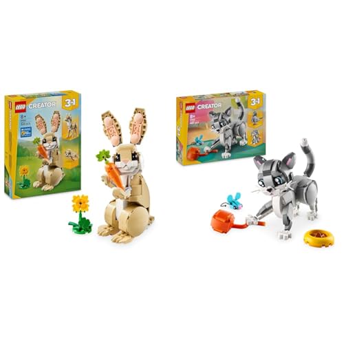 LEGO Creator 3in1 Süßes Kaninchen Spielzeug verwandelt sich in eine Llamafigur oder Robbe + 3in1 Verspielt Katze Spielzeug - verwandelt sich in eine Taube oder Haustierhundfigur 31162 + 31163 von LEGO