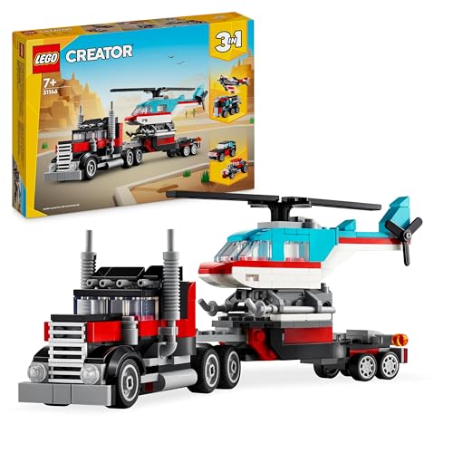 LEGO Creator 3in1 Tieflader mit Hubschrauber, Fahrzeuge-Set mit Helikopter- und LKW-Spielzeug, Flugzeug und Tanklaster, Hot Rod und SUV, Geschenk für 7-jährige Jungs und Mädchen 31146 von LEGO