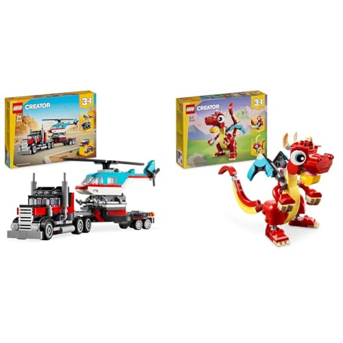 LEGO Creator 3in1 Tieflader mit Hubschrauber, Fahrzeuge-Set & Creator 3in1 Roter Drache, Spielzeug mit 3 Tierfiguren inkl. Roter Drache LEGO Creator 3in1 Tieflader mit Hubschrauber, Fahrzeuge-Set & Creator 3in1 Roter Drache, Spielzeug mit 3 Tierfiguren inkl. Roter Drache von LEGO