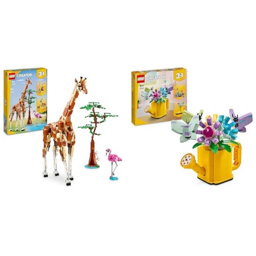 LEGO Creator 3in1 Tiersafari, Kreativ-Set mit Tierfiguren, Spielzeug-Giraffe & Creator 3in1 Gießkanne mit Blumen Set, Kinderzimmer-Deko von LEGO