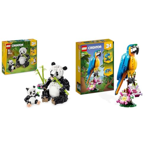 LEGO Creator 3in1 Wildtiere: Panda-Familien-Spielzeug - verwandelt sich in Pinguinfiguren oder Orca + 3in1 Exotischer Papagei zu Frosch zu Fisch Tierfiguren 31165 + 31166 von LEGO