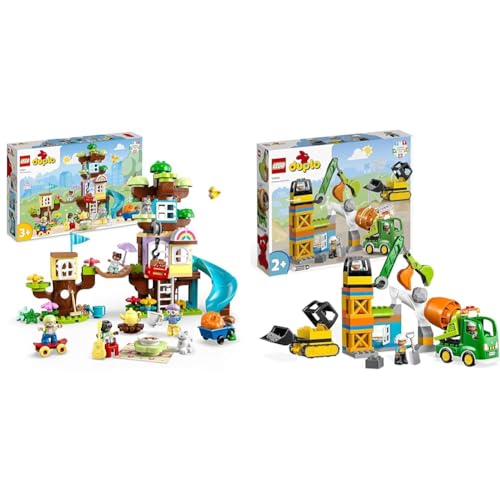 LEGO DUPLO 3-in-1 Baumhaus Spielzeug für Kleinkinder ab 3 Jahren & DUPLO Baustelle mit Baufahrzeugen, Kran, Bulldozer und Betonmischer-Spielzeug von LEGO