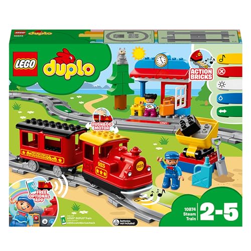 LEGO DUPLO Dampfeisenbahn, Eisenbahn-Spielzeug aus LEGO Steinen mit Tierfigur, Zug-Spielzeug für Jungen und Mädchen, mit Licht & Geräuschen sowie Push-&-Go-Motor, Geschenk für Kinder ab 2 Jahren 10874 LEGO DUPLO Dampfeisenbahn, Eisenbahn-Spielzeug aus LEGO Steinen mit Tierfigur, Zug-Spielzeug für Jungen und Mädchen, mit Licht & Geräuschen sowie Push-&-Go-Motor, Geschenk für Kinder ab 2 Jahren 10874 von LEGO