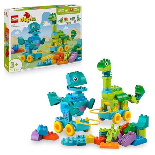 LEGO DUPLO Dinos auf Rädern 3-in-1-Set - Lernspielzeug für Jungen & Mädchen ab 3 Jahren - Diplodocus und T. Rex, Triceratops & Stegosaurus oder Pteranodon & Parasaurolophus Dinosaurier Figuren - 10451 von LEGO