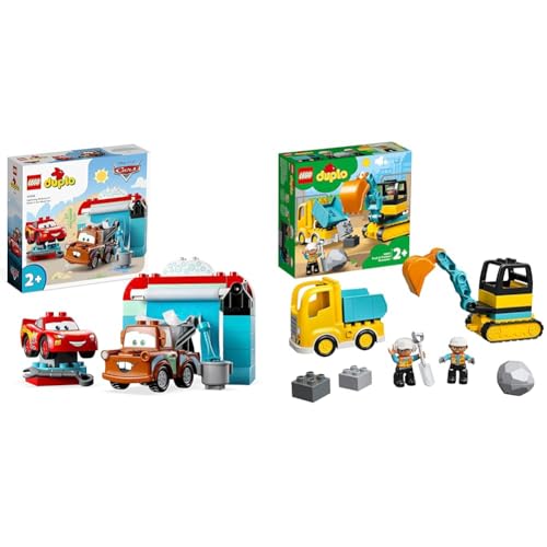 LEGO DUPLO Disney and Pixar's Cars Lightning McQueen & Mater in der Waschanlage Spielzeugautos & DUPLO Bagger und Laster Spielzeug mit Baufahrzeug von LEGO
