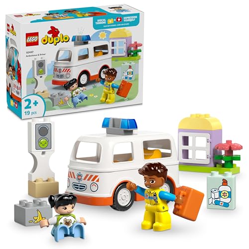 LEGO DUPLO Rettungswagen mit Fahrer - Lernspielzeug für Kleinkinder ab 2 Jahren - Montessori Spielzeug für Rollenspiele - Rettungswagen Spielzeug mit Auto, Haus, 2 Figuren - Geschenk für Kinder 10447 von LEGO