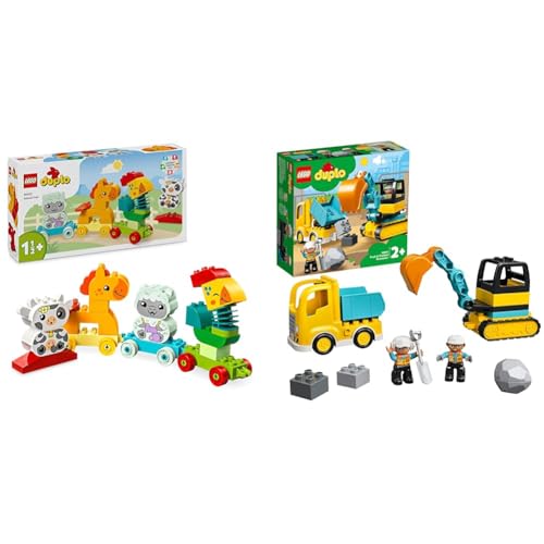 LEGO DUPLO Tierzug, Zug-Spielzeug mit Rädern, kreative Tierfiguren zum Bauen und Umbauen & DUPLO Bagger und Laster Spielzeug mit Baufahrzeug von LEGO
