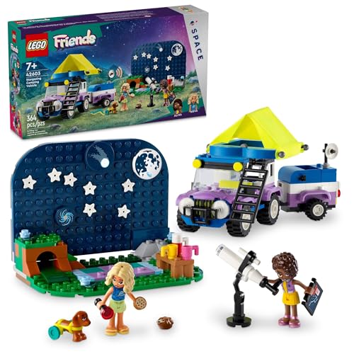 LEGO Friends 42603 Stargazing Campingfahrzeug Abenteuerspielzeug, enthält 2 Mini-Puppen, Campinganhänger, Teleskopspielzeug und eine Hundefigur, Wissenschaftsspielzeug Geschenkidee für Mädchen, Jungen von LEGO