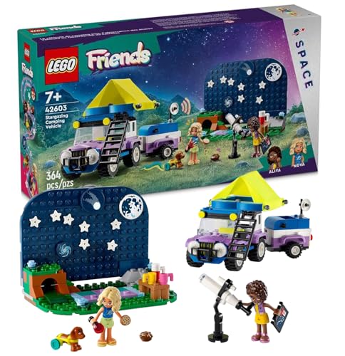 LEGO Friends 42603 Stargazing Campingfahrzeug Abenteuerspielzeug, enthält 2 Mini-Puppen, Campinganhänger, Teleskopspielzeug und eine Hundefigur, Wissenschaftsspielzeug Geschenkidee für Mädchen, Jungen von LEGO