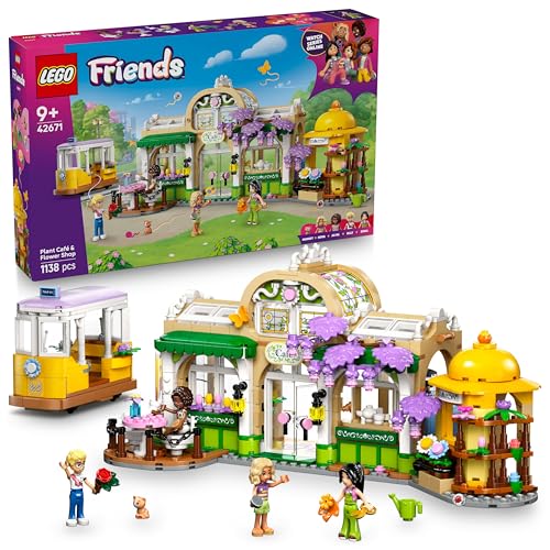 LEGO Friends Pflanzencafé und Blumenkiosk - Spielzeug mit 4 Minifigur, 1 Katzenfigur, Straßenbahn und Küchenzubehör - Gebäck, Tassen & Teekanne – Geburtstagsgeschenk für Mädchen ab 9 Jahren – 42671 von LEGO