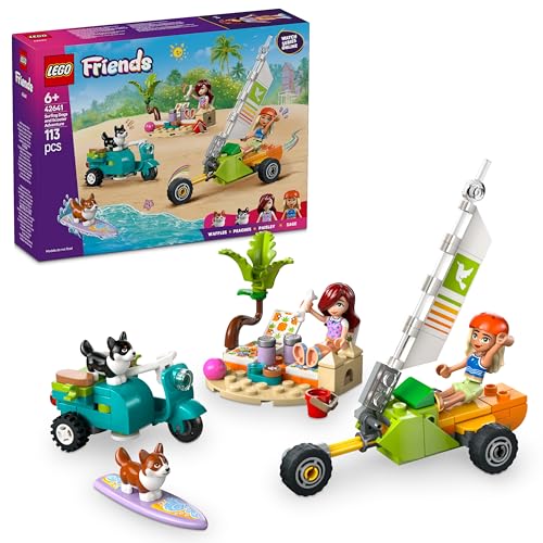 LEGO Friends Strandabenteuer mit Hunden, Bauspielzeug für Mädchen ab 6 Jahren, Tier Spielset mit 2 Minifiguren und 2 Corgi Figuren, Geschenk für kreative Kinder, Abenteuer Bauset mit Surfbrett 42641 von LEGO