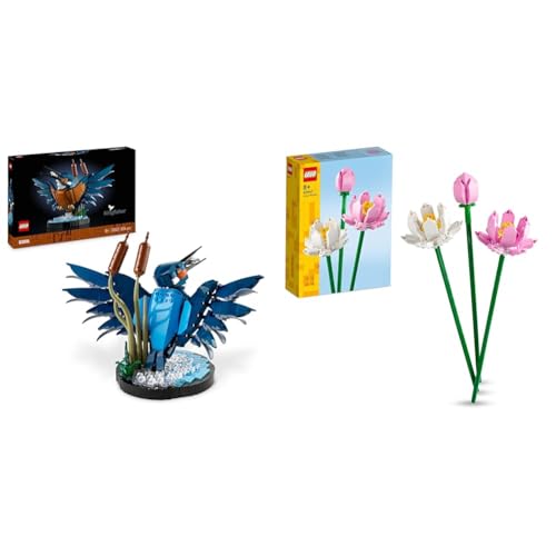 LEGO Icons Eisvogel Modellbausatz für Erwachsene, Vogel-Modell fürs Wohnzimmer & Creator Lotusblumen, Blumenstrauß-Set mit 3 künstliche Blumen von LEGO