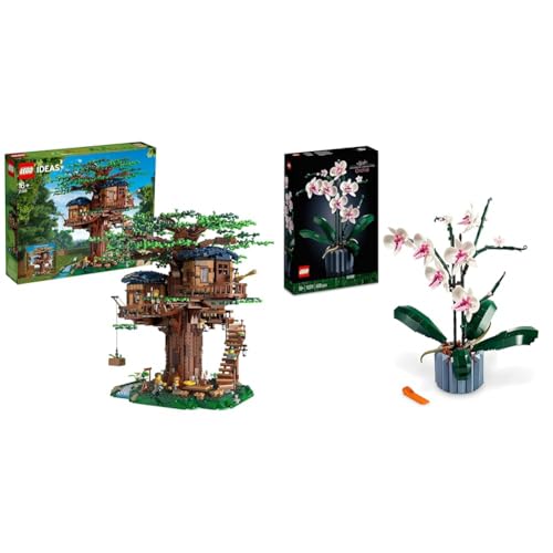 LEGO Ideas Baumhaus mit 3 Kabinen und Blättern, großer Modellbausatz für Teenager ab 16 Jahren 21318 & 10311 Icons Orchidee, Künstliche Pflanzen Set mit Blumen von LEGO