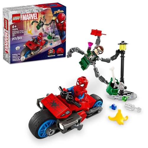 LEGO Marvel 76275 Motorrad-Verfolgungsjagd Spider-Man vs. Doc Ock, baubares Spielzeug für Kinder mit Stud Shootern und Web Blastern, 2 Marvel Minifiguren, Superhelden-Spielzeug, Geschenk für Jungen von LEGO