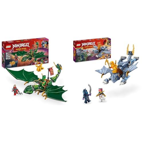 LEGO NINJAGO Lloyds Grüner Walddrache Figur + Junger Drache Riyu Spielzeug enthält 3 Ninja-Charakter-Minifiguren mit Schwertzubehör für imaginative Spiele 71829 + 71810 von LEGO