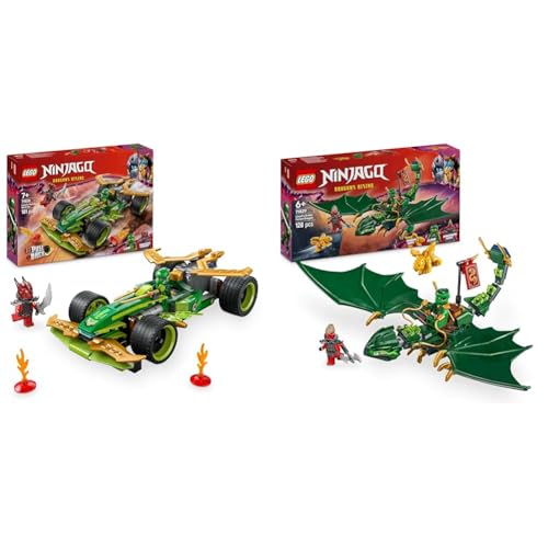 LEGO NINJAGO Lloyds Rückzieh-Rennwagen-Spielzeug + Lloyds Grüner Walddrache Figur imaginative Spiele für Dragons Rising Fans 71828 + 71829 von LEGO