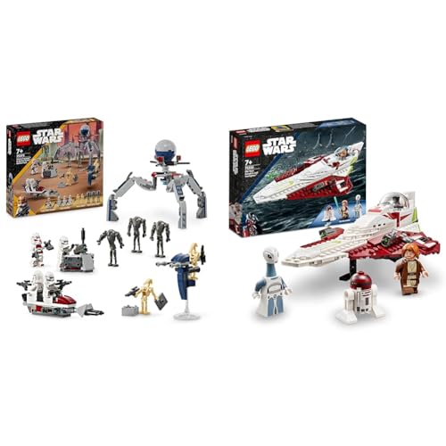 LEGO Star Wars Obi-Wan Kenobis Jedi Starfighter, Spielzeug zum Bauen mit Taun We & Star Wars Clone Trooper & Battle Droid Battle Pack, Spielzeug für Kinder mit baubarem Speeder Bike von LEGO