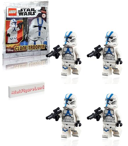 LEGO Star Wars The Clone Wars Minifigur - 501st Legion Clone Trooper mit Blaster und Minifigureland Tile (75280), 4 Stück von LEGO