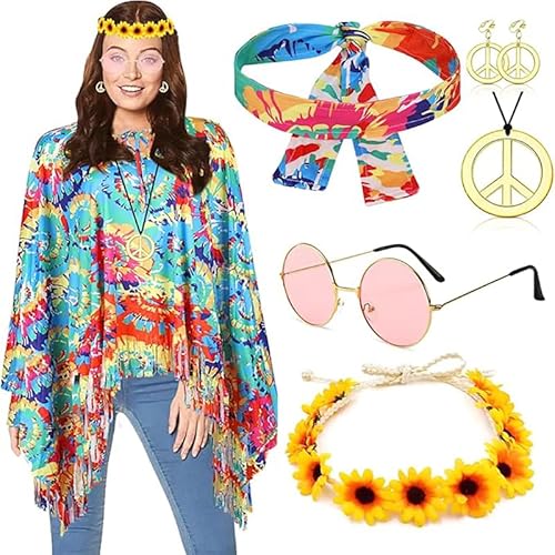 LEGQYJK Hippie Kostüm Damen, 60er 70 Jahres Bekleidungs Damen Hippieponcho Set, Faschingskostüme Damen Hippie, Faschings Karnevals Hippiekostüm Damen, Outfites Damen Hippiekleidung Karnevalskostüms ﻿ von LEGQYJK