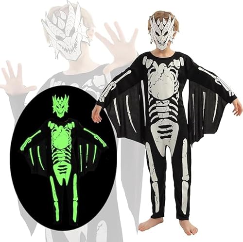 LEGQYJK Skeletts Kostüm Kinder, Faschingskostüme Skeletondino Kostüm Kinder, Karnevals Skelettkostüm Jungens, Leuchtet Dunkeln Skeletts Kostüm für Halloweens Faschings Partydekoration(L) von LEGQYJK